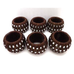 Napkin Rings Woven Rope String with Silver Inserts Set of Six NEW